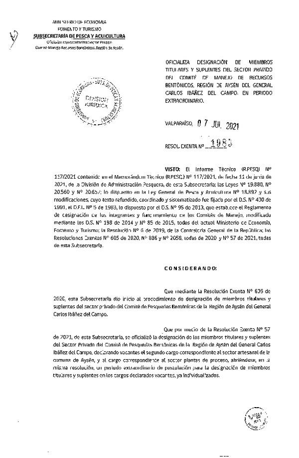 Res. Ex. N° 1985-2021 Oficializa Designación de Miembros Titulares y Suplentes del Sector Privado del Comité De Manejo de Recursos Bentónicos Región de Aysén, del General Carlos Ibáñez del Campo. (Publicado en Página Web 09-07-2021)