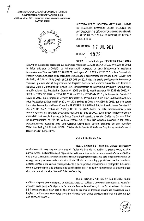 Res. Ex. N° 1978-2021 Autoriza Cesión Camarón Nailon, Regiones de Antofagasta a Región de del Biobío. (Publicado en Página Web 09-07-2021)