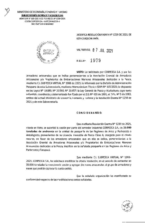 Res. Ex. N° 1979-2021 Modifica Res. Ex. N° 1239-2021 Autoriza Cesión Anchoveta, Regiones de Arica y Parinacota a Región de Antofagasta. (Publicado en Página Web 09-07-2021)