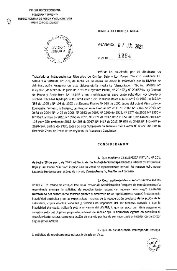 Res. Ex. N° 1984-2021 Deniega solicitud que indica. (Publicado en Página Web 09-07-2021)