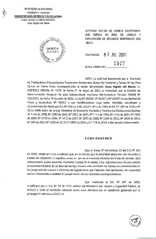 Res. Ex. N° 1977-2021 Autoriza acción de manejo excepcional que señala. (Publicado en Página Web 09-07-2021)