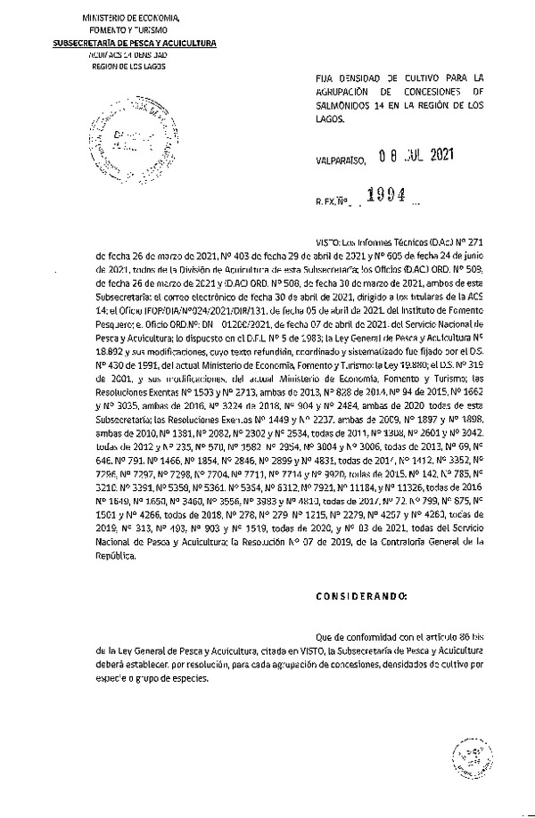 Res. Ex. N° 1994-2021 Fija densidad de cultivo para las agrupación de concesiones de salmónidos 14 en la Región de Los Lagos. (Con Informe Técnico) (Publicado en Página Web 09-07-2021)