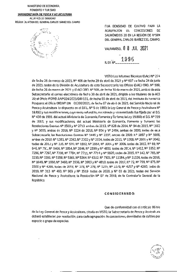 Res. Ex. N° 1996-2021 Fija densidad de cultivo para las agrupación de concesiones de salmónidos 20 en la Región de Aysén del General Carlos Ibáñez del Campo. (Con Informe Técnico) (Publicado en Página Web 09-07-2021)