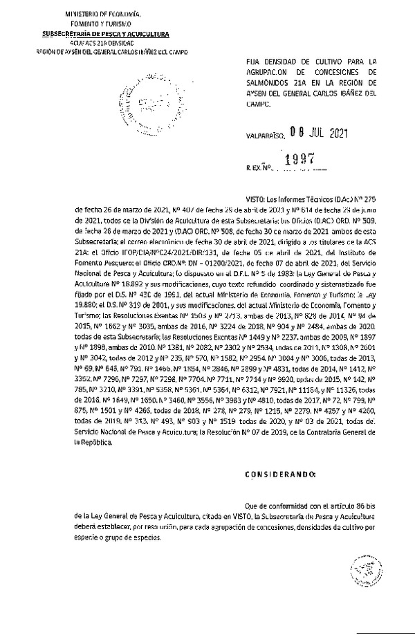 Res. Ex. N° 1997-2021 Fija densidad de cultivo para las agrupación de concesiones de salmónidos 21A en la Región de Aysén del General Carlos Ibáñez del Campo. (Con Informe Técnico) (Publicado en Página Web 09-07-2021)