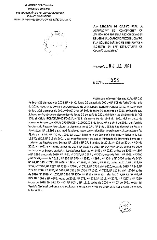 Res. Ex. N° 1998-2021 Fija densidad de cultivo para las agrupación de concesiones de salmónidos 30B en la Región de Aysén del General Carlos Ibáñez del Campo. (Con Informe Técnico) (Publicado en Página Web 09-07-2021)