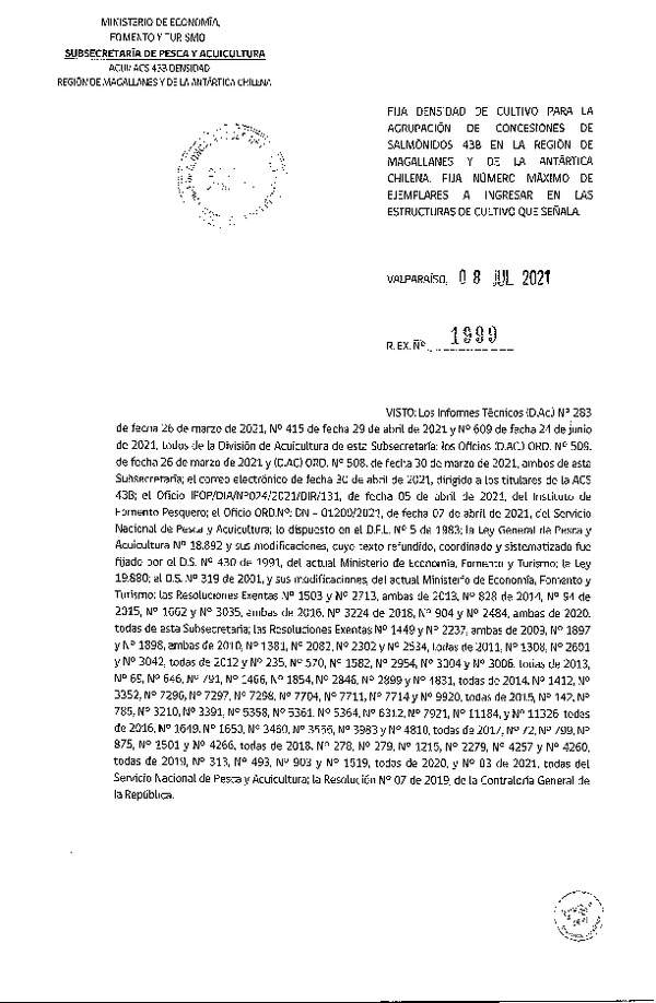 Res. Ex. N° 1999-2021 Fija densidad de cultivo para las agrupación de concesiones de salmónidos 43B en la Región de Magallanes y de La Antártica Chilena. (Con Informe Técnico) (Publicado en Página Web 09-07-2021)