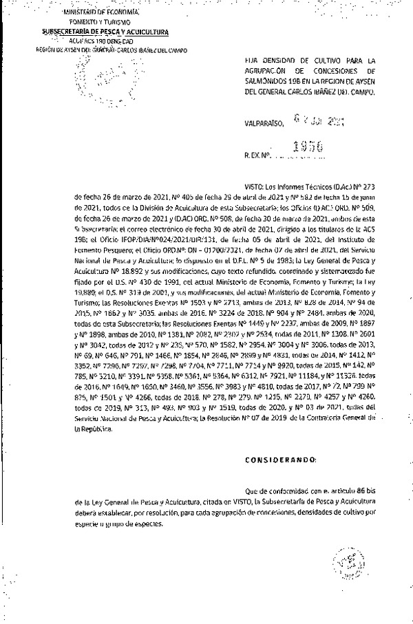 Res. Ex. N° 1956-2021 Fija densidad de cultivo para las agrupación de concesiones de salmónidos 19B en la Región de Aysén. (Con Informe Técnico) (Publicado en Página Web 06-07-2021)