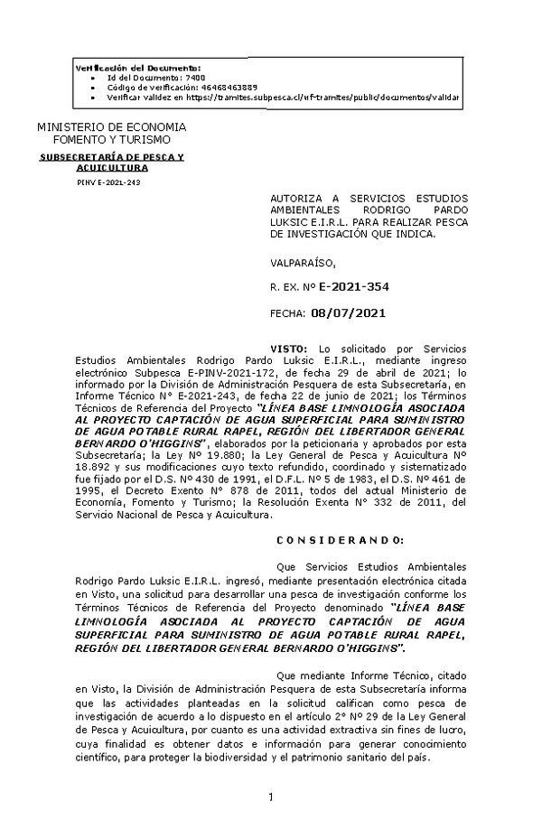 R. EX. Nº E-2021-354 LÍNEA BASE LIMNOLOGÍA ASOCIADA AL PROYECTO CAPTACIÓN DE AGUA SUPERFICIAL PARA SUMINISTRO DE AGUA POTABLE RURAL RAPEL, REGIÓN DEL LIBERTADOR GENERAL BERNARDO O’HIGGINS. (Publicado en Página Web 09-07-2021)