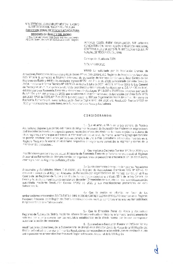 Res. Ex. N° 088-2021 (DZP Ñuble y del Biobío) Autoriza cesión Merluza Común. (Publicado en Página Web 09-07-2021)