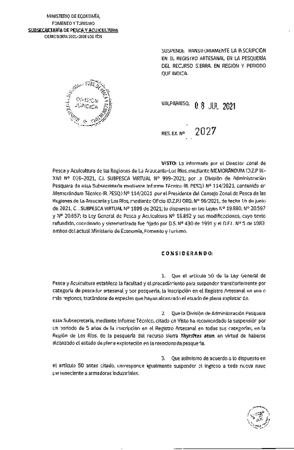 Res. Ex. N° 2027-2021 Suspende Transitoriamente en el Registro Artesanal en la Pesquería del Recurso Sierra, Región de Los Ríos. (Publicado en Página Web 12-07-2021)