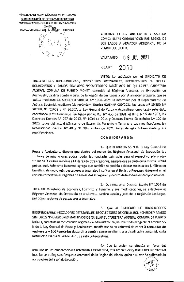 Res. Ex. N° 2010-2021 Autoriza Cesión Anchoveta y Sardina común, Región de Los Lagos a Ñuble-Biobío. (Publicado en Página Web 12-07-2021)