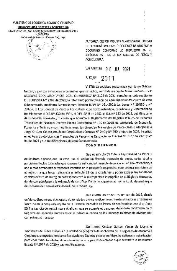 Res. Ex. N° 2011-2021 Autoriza Cesión Anchoveta, Regiones de Atacama a Coquimbo. (Publicado en Página Web 12-07-2021)