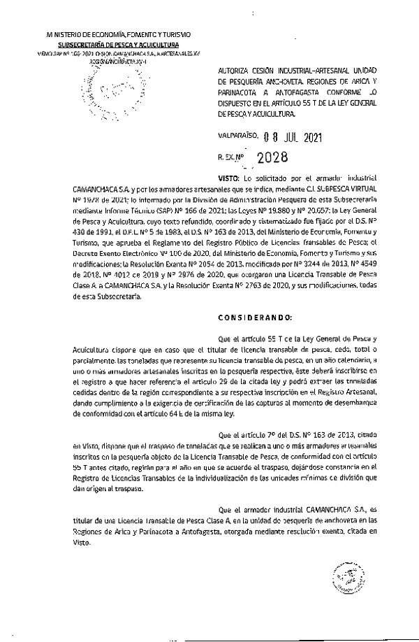 Res. Ex. N° 2028-2021 Autoriza Cesión Anchoveta, Regiones de Arica y Parinacota a Región de Antofagasta. (Publicado en Página Web 12-07-2021)