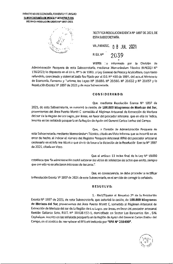 Res. Ex. N° 2039-2021 rectifica Res. Ex. N° 1897-2021 Autoriza Cesión de Merluza del sur Regiones de Los Lagos - Aysén. (Publicado en Página Web 12-07-2021).