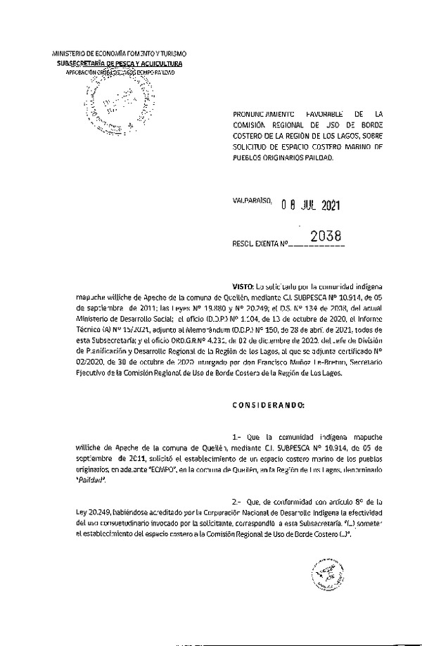 Res. Ex. N° 2038-2021 Pronunciamiento Favorable de la Comisión Nacional de uso de Borde Costero de la Región de Los lagos, Sobre Solicitud de ECMPO Paildad. (Publicado en Página Web 12-07-2021)