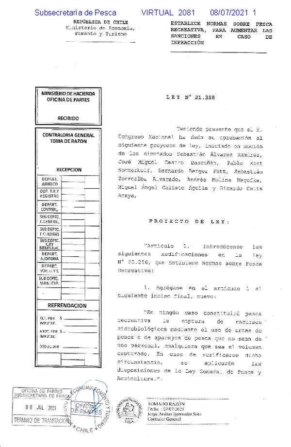 Ley N° 21.358 Establece Normas Sobre Pesca Recreativa, Para Aumentar las Sanciones en Caso de Infracción. (Publicado en Página Web 12-07-2021) (F.D.O. 12-07-2021)