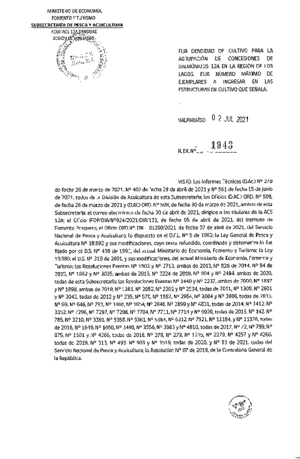 Res. Ex. N° 1943-2021 Fija densidad de cultivo para las agrupación de concesiones de salmónidos 12A en la Región de Los Lagos.(Con Informe Técnico) (Publicado en Página Web 06-07-2021) (F.D.O. 08-07-2021)