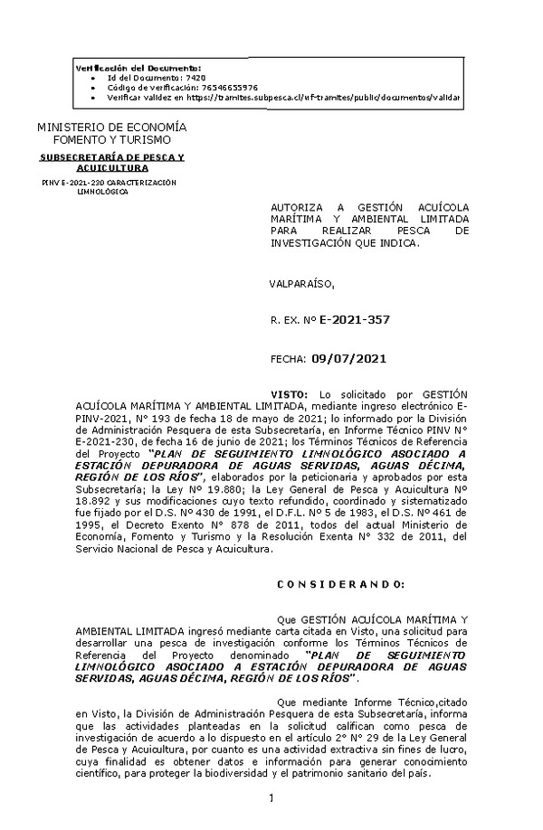 R. EX. Nº E-2021-357 PLAN DE SEGUIMIENTO LIMNOLÓGICO ASOCIADO A ESTACIÓN DEPURADORA DE AGUAS SERVIDAS, AGUAS DÉCIMA, REGIÓN DE LOS RÍOS. (Publicado en Página Web 13-07-2021)