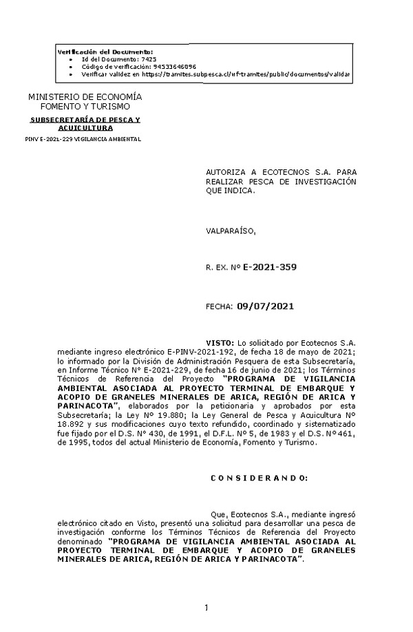 R. EX. Nº E-2021-359 PROGRAMA DE VIGILANCIA AMBIENTAL ASOCIADA AL PROYECTO TERMINAL DE EMBARQUE Y ACOPIO DE GRANELES MINERALES DE ARICA, REGIÓN DE ARICA Y PARINACOTA. (Publicado en Página Web 13-07-2021)