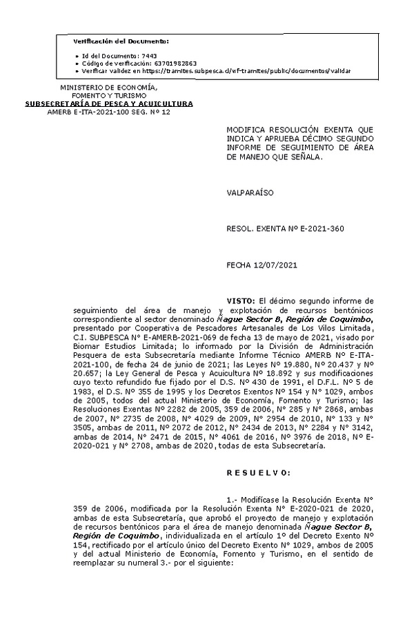 RESOL. EXENTA Nº E-2021-360 Modifica Resolución que indica, Aprueba 12° Seguimiento. (Publicado en Página Web 13-07-2021)