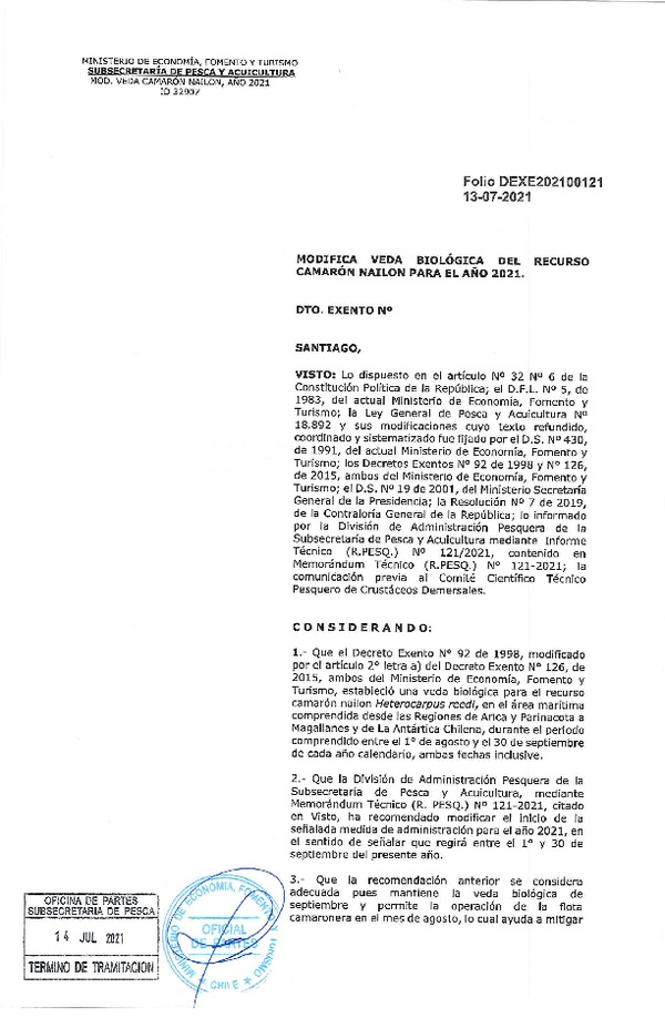 Dec. Ex. Folio 202100121 Modifica Dec. Ex. N° 92-1998 Veda Biológica Recurso Camarón Nailon, Regiones de Aríca y Parinacota a Magallanes y La Antártica Chilena Para el Año 2021. (Publicado en Página Web 14-07-2021)