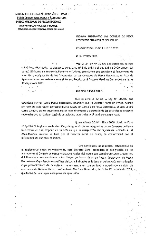 Res. Ex. N° 016-2021 (DZP Valparaíso, O'Higgins y Maule) Designa Integrantes del Consejo de Pesca Recreativa en la Región del Maule. (Publicado en Página Web 14-07-2021)