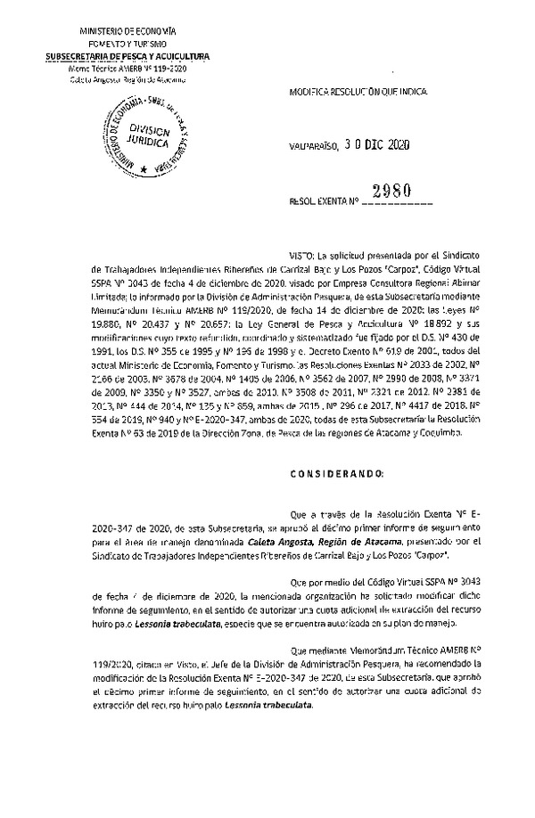 Res. Ex. N° 2980-2020 Modifica Resolución que Indica.