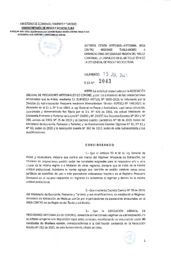 Res. Ex. N° 2043-2021 Autoriza cesión de Merluza Común Región de Ñuble- Biobío a Maule. (Publicado en Página Web 15-07-2021)