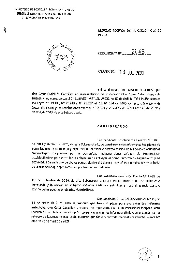 Res. Ex. N° 2048-2021 Resuelve recurso de reposición que se indica. (Publicado en Página Web 15-07-2021)