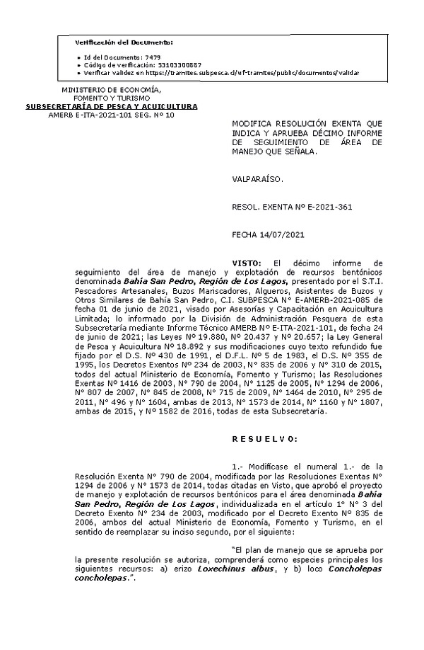 RESOL. EXENTA Nº E-2021-361 Modifica resolución que indica, Aprueba 10° Seguimiento. (Publicado en Página Web 15-07-2021)