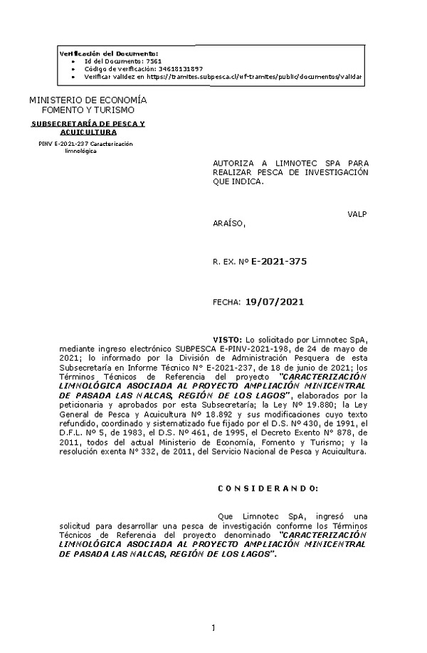 R. EX. Nº E-2021-375 CARACTERIZACIÓN LIMNOLÓGICA ASOCIADA AL PROYECTO AMPLIACIÓN MINICENTRAL DE PASADA LAS NALCAS, REGIÓN DE LOS LAGOS. (Publicado en Página Web 20-07-2021)