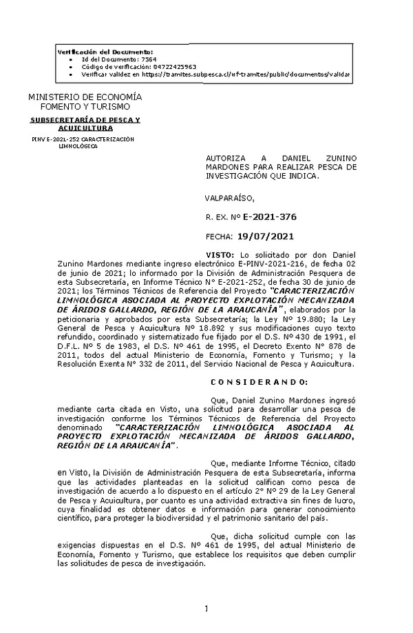 R. EX. Nº E-2021-376 CARACTERIZACIÓN LIMNOLÓGICA ASOCIADA AL PROYECTO EXPLOTACIÓN MECANIZADA DE ÁRIDOS GALLARDO, REGIÓN DE LA ARAUCANÍA. (Publicado en Página Web 20-07-2021)