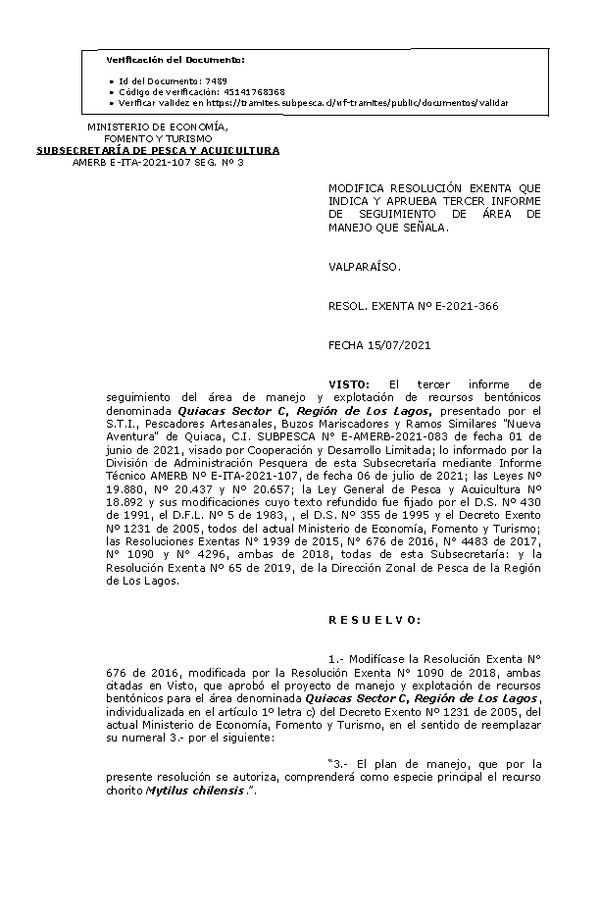 RESOL. EXENTA Nº E-2021-366 Modifica resolución que indica, aprueba 3° Seguimiento. (Publicado en Página Web 20-07-2021)