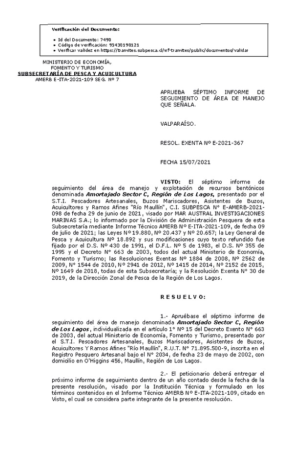 RESOL. EXENTA Nº E-2021-367  Aprueba 7° Seguimiento. (Publicado en Página Web 20-07-2021)