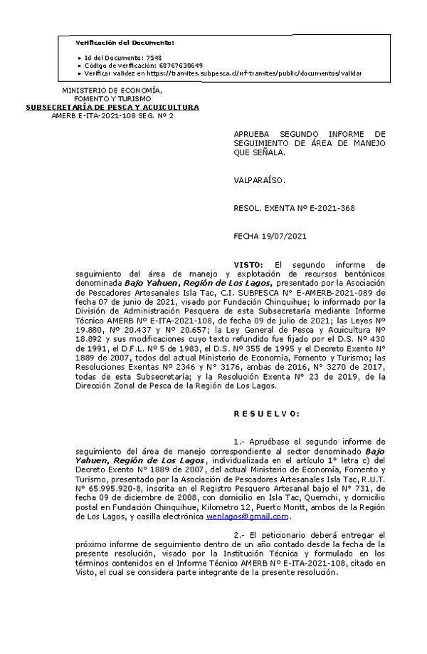 RESOL. EXENTA Nº E-2021-368 Aprueba 2° Seguimiento. (Publicado en Página Web 20-07-2021)