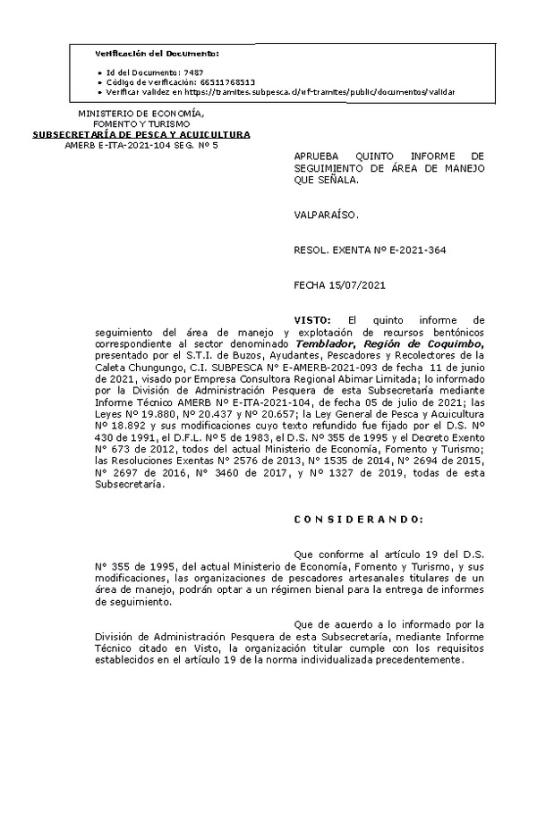 RESOL. EXENTA Nº E-2021-364 Aprueba 5° Seguimiento. (Publicado en Página Web 20-07-2021)