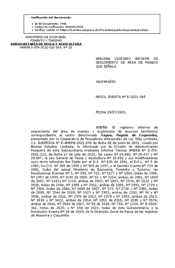 RESOL. EXENTA Nº E-2021-365 Aprueba 20° Seguimiento. (Publicado en Página Web 20-07-2021)