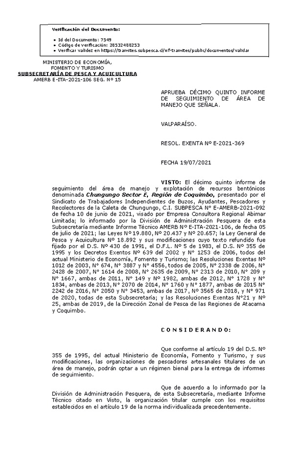 RESOL. EXENTA Nº E-2021-369 Aprueba 15° Seguimiento. (Publicado en Página Web 20-07-2021)