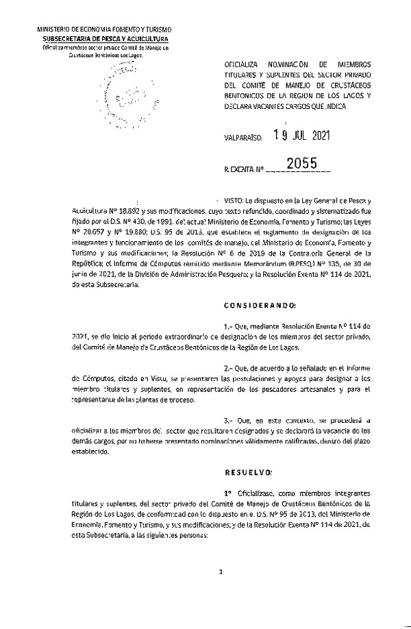 Res. Ex. N° 2055-2021 Oficializa Nominación de Miembros Titulares y Suplentes del Sector Privado del Comité De Manejo de Crustáceos Bentónicos Región de Los Lagos. (Publicado en Página Web 20-07-2021)