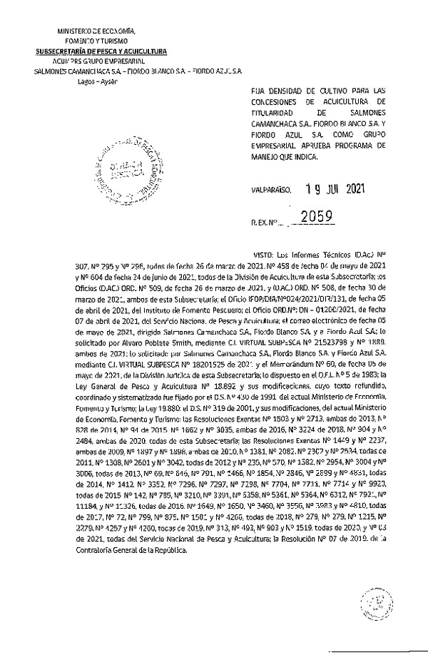 Res. Ex. N° 2059-2021 Fija densidad de cultivo para las concesiones de acuicultura de Camanchaca S.A., Fiordo Blanco  S.A. Sur, Salmones Pacific Star S.A. y Fiordo Azul S.A. como grupo empresarial Región de Los Lagos y Aysén. (Con Informe Técnico) (Publicado en Página Web 20-07-2021)