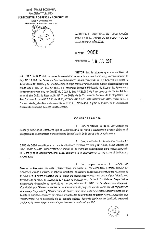 Res. Ex. N° 2058-2021 Modifica Res. Ex. N° 2783-2020 Aprueba Programa de Investigación para la Regulación de la Pesca y de la Acuicultura, Año 2021. (Publicado en Página Web 20-07-2021)