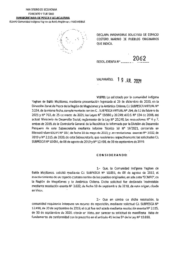 Res. Ex. N° 2062-2021 Declara inadmisible solicitud de ECMPO que indica. (Publicado en Página Web 20-07-2021)