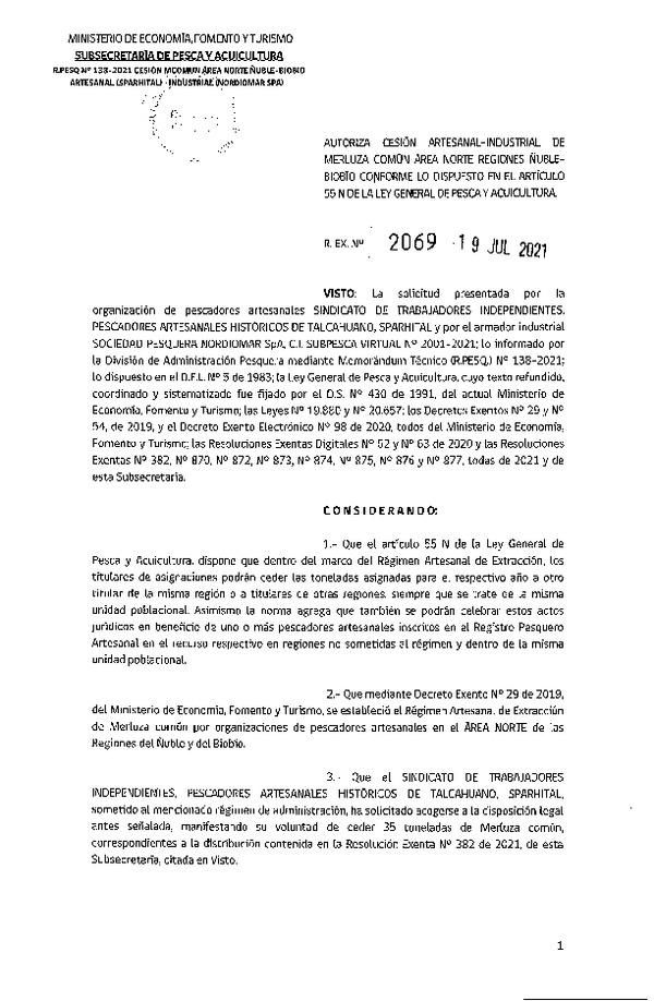 Res. Ex. N° 2069-2019 Autoriza cesión Merluza común Regiones Ñuble y Biobío. (Publicado en página Web 20-07-2021)