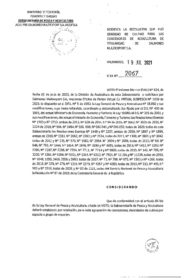 Res. Ex. N° 2067-2021 Modifica Res. Ex. DIG N° 008-2020 Fija densidad de cultivo para concesiones de acuicultura de titularidad de Salmones Multiexport S.A. (Publicado en Página Web 20-07-2021)