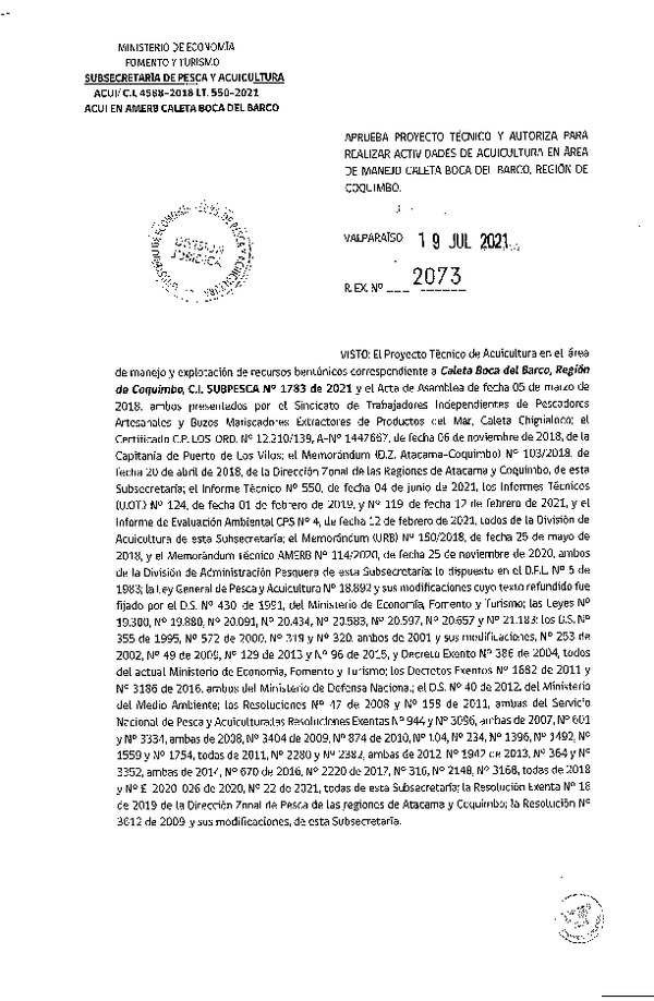 Res. Ex N° 2073-2021 Aprueba proyecto técnico y autoriza para realizar actividades de acuicultura experimental en Área de manejo Caleta Boca del Barco, Región de Coquimbo. (Publicado en Página Web 20-07-2021).