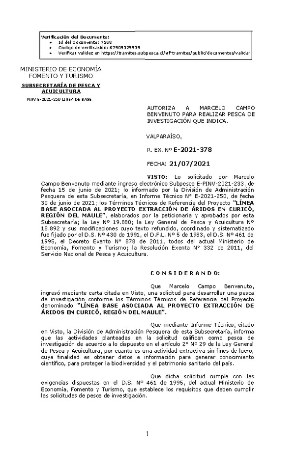 R. EX. Nº E-2021-378 LÍNEA BASE ASOCIADA AL PROYECTO EXTRACCIÓN DE ÁRIDOS EN CURICÓ, REGIÓN DEL MAULE. (Publicado en Página Web 22-07-2021)