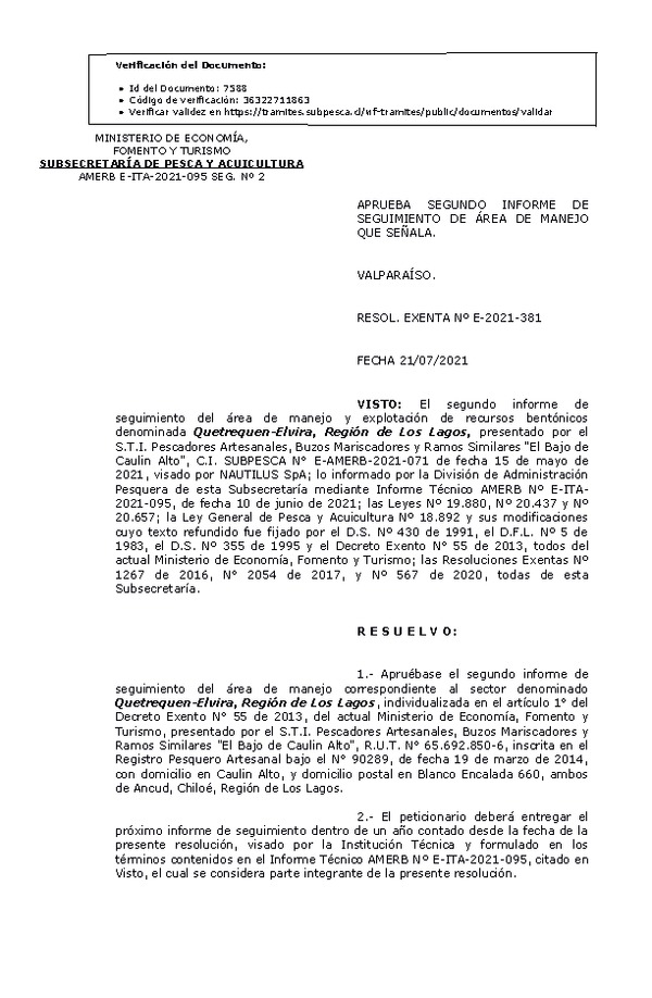 RESOL. EXENTA Nº E-2021-381 Aprueba 2° Seguimiento. Publicado en Página Web 22-07-2021)