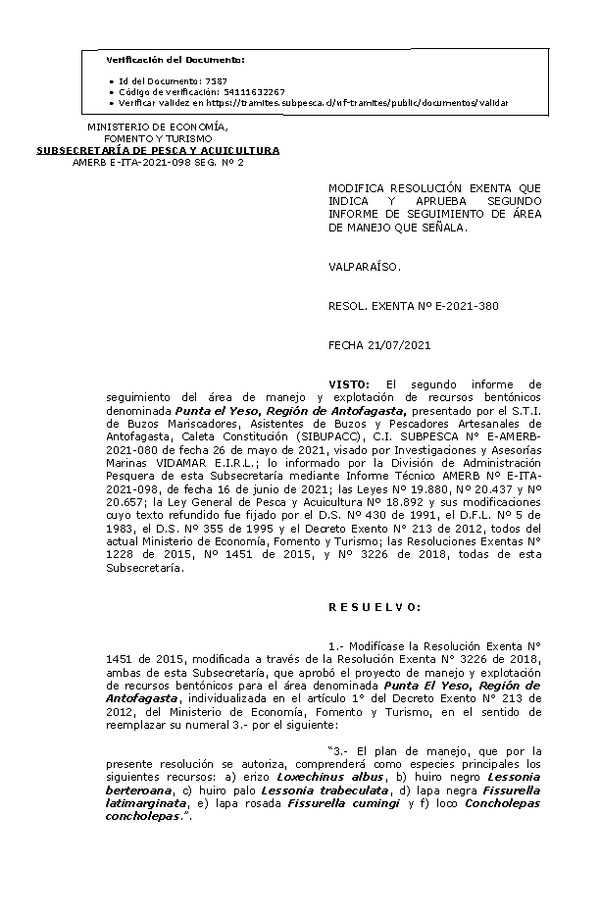 RESOL. EXENTA Nº E-2021-380 Modifica resolución que indica, Aprueba 2° Seguimiento. (Publicado en Página Web 22-07-2021)