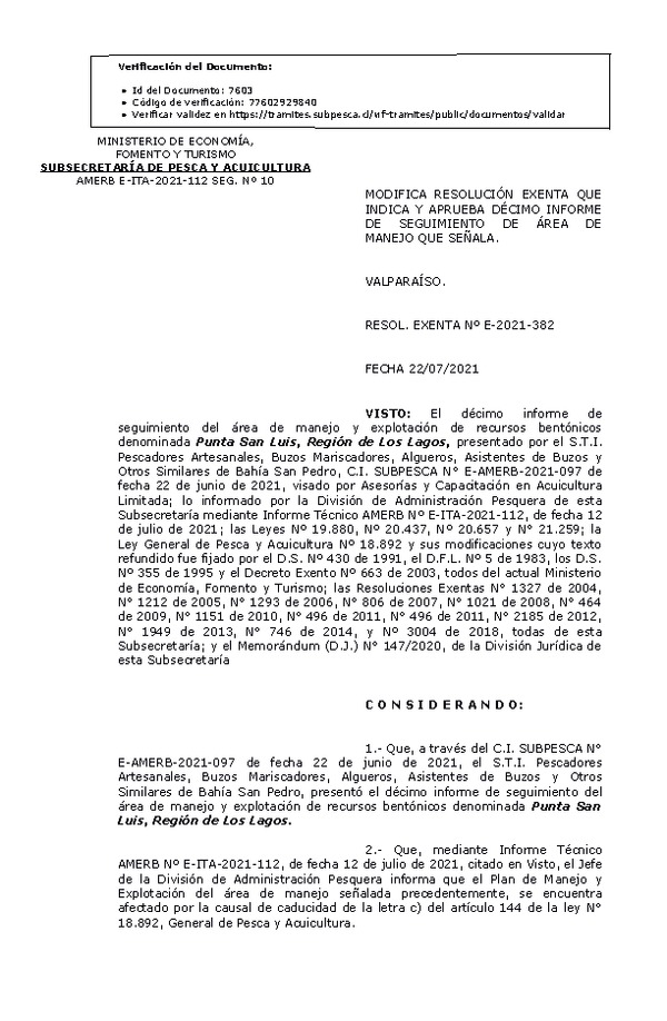 RESOL. EXENTA Nº E-2021-382 Modifica resolución que indica, Aprueba 10° seguimiento. (Publicado en Página Web 23-07-2021)