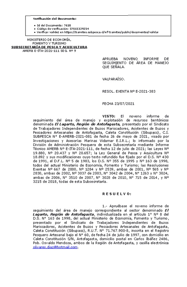 R. EX. Nº E-2021-383 Aprueba 9° Seguimiento. (Publicado en Página Web 23-07-2021)